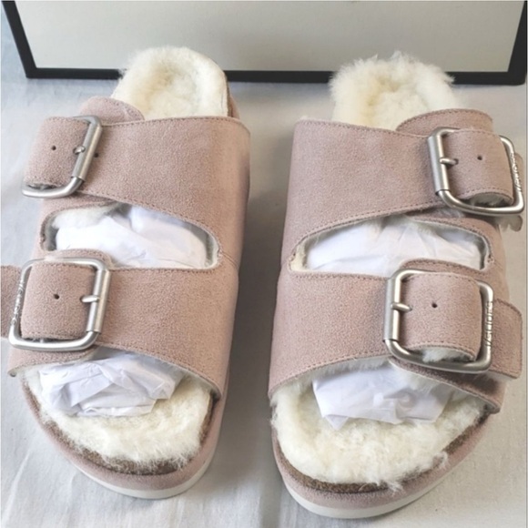 J/Slides Faux Fur Shearling Lined Suede Pink Open Toe Slides Sandals Sz 7.5 - Picture 7 of 12